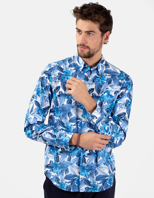 Chemise blanche à imprimé palmiers bleus